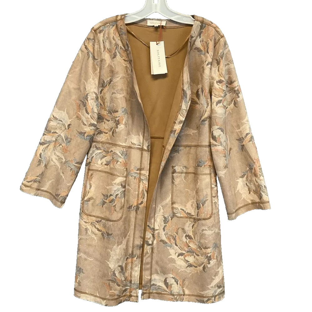SOLITAIRE Tan Floral Faux Suede Open Front Coat‎ Duster LARGE NWT